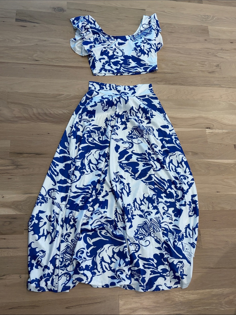 Blue and White Printed Maxi Skirt - Women's Two-Piece Set